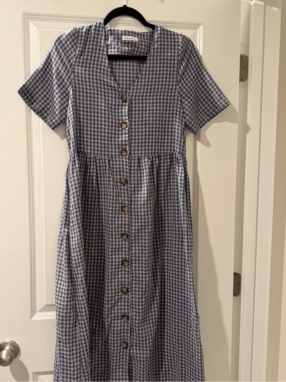 Blue Gingham Button-Front Midi Dress